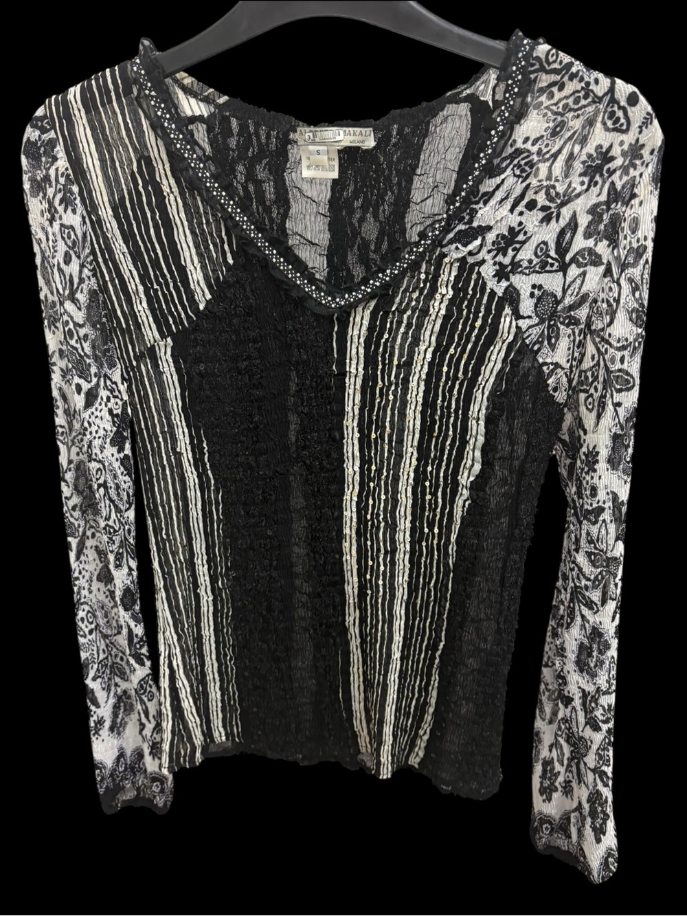 Alberto Makali Black White Crinkle Lace Sequin Blouse Size S